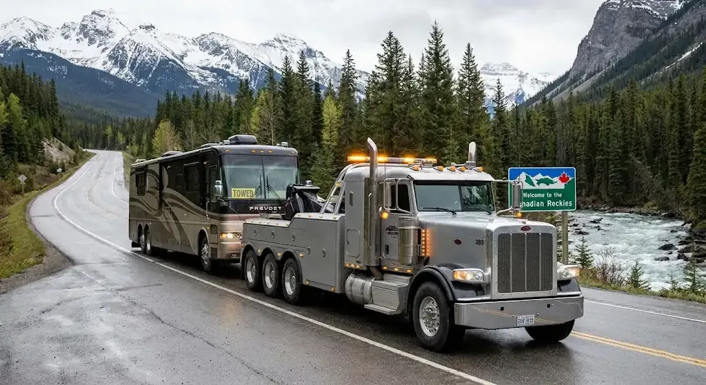Kitchener heavy-duty tow truck with RV in transport
