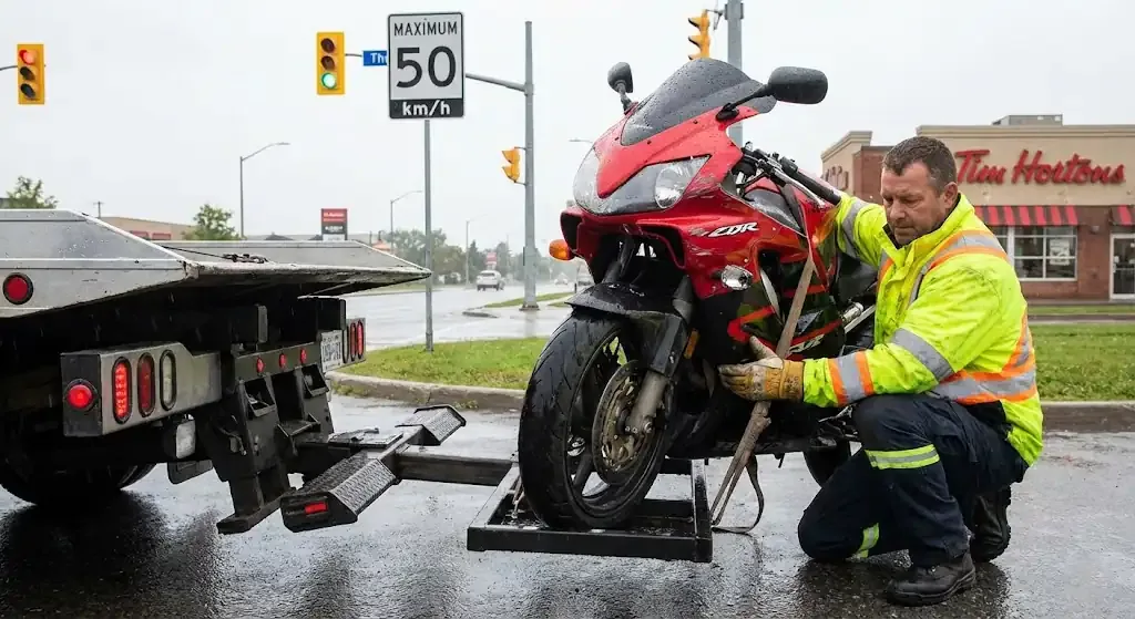 Kitchener motorcycle being safely loaded for transport